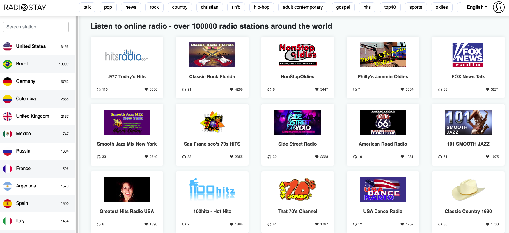 RadioStay 全球电台：免费听 10 万 + 电台，按类型 / 国家筛选缩略图