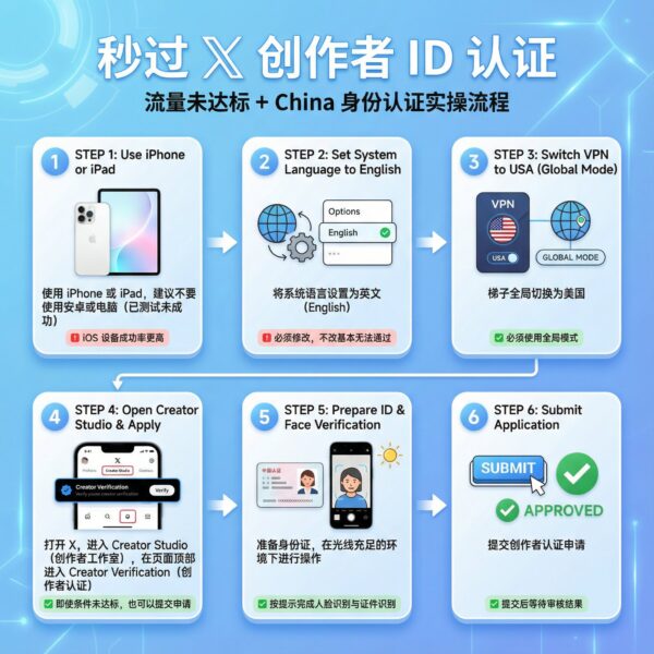 X 创作者认证的秒过方法! 流量未达标 + China 身份 也能过